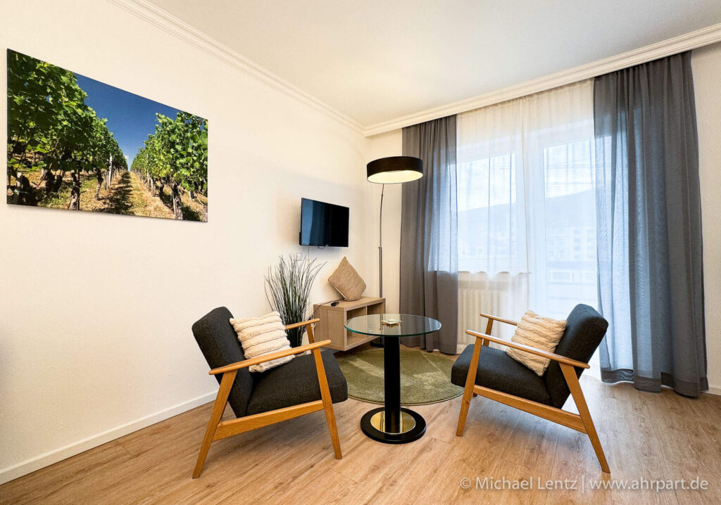 Der Wohnbereich in einem der AHRPART Studios mit zwei großen Sesseln und Austritt auf den Balkon mit Ahrblick.