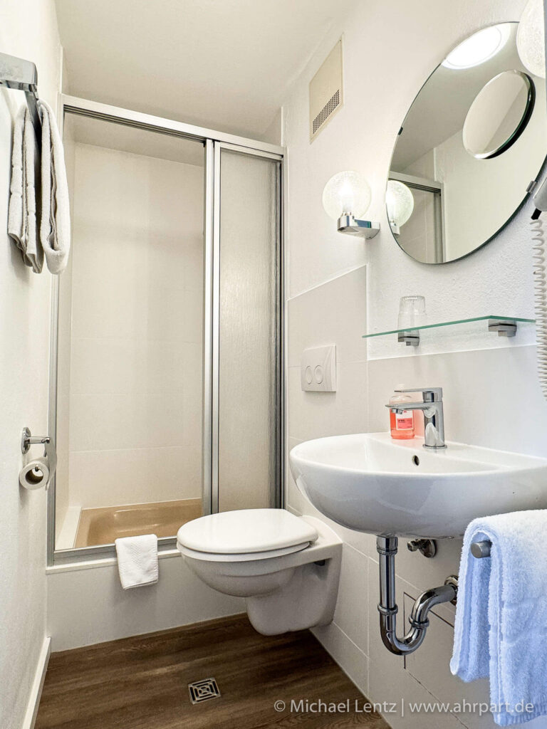 Badezimmer eines Einzelzimmers mit Dusche/WC, Waschbecken, Haarföhn, frischen Handtüchern sowie Seife & Shampoo